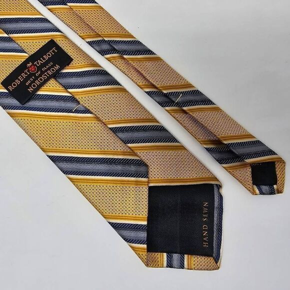 ROBERT TALBOTT BEST OF CLASS SILK TIE BLUE GOLD REPP STRIPE TEXTURED 3.5" X 59" - Picture 3 of 3